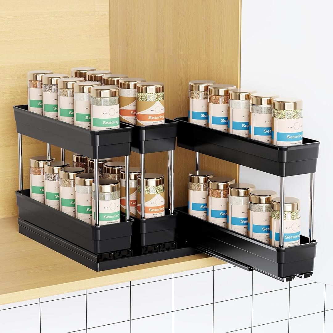 Mystozer Pull Out Spice Rack Organizer for Cabinet, Slide Out Spice Racks Organizer, Easy to Install Spice Cabinet Organizers, 2.3''Wx10.66''Dx8.11''H, 3 Packs - 2 Tiers (Black)