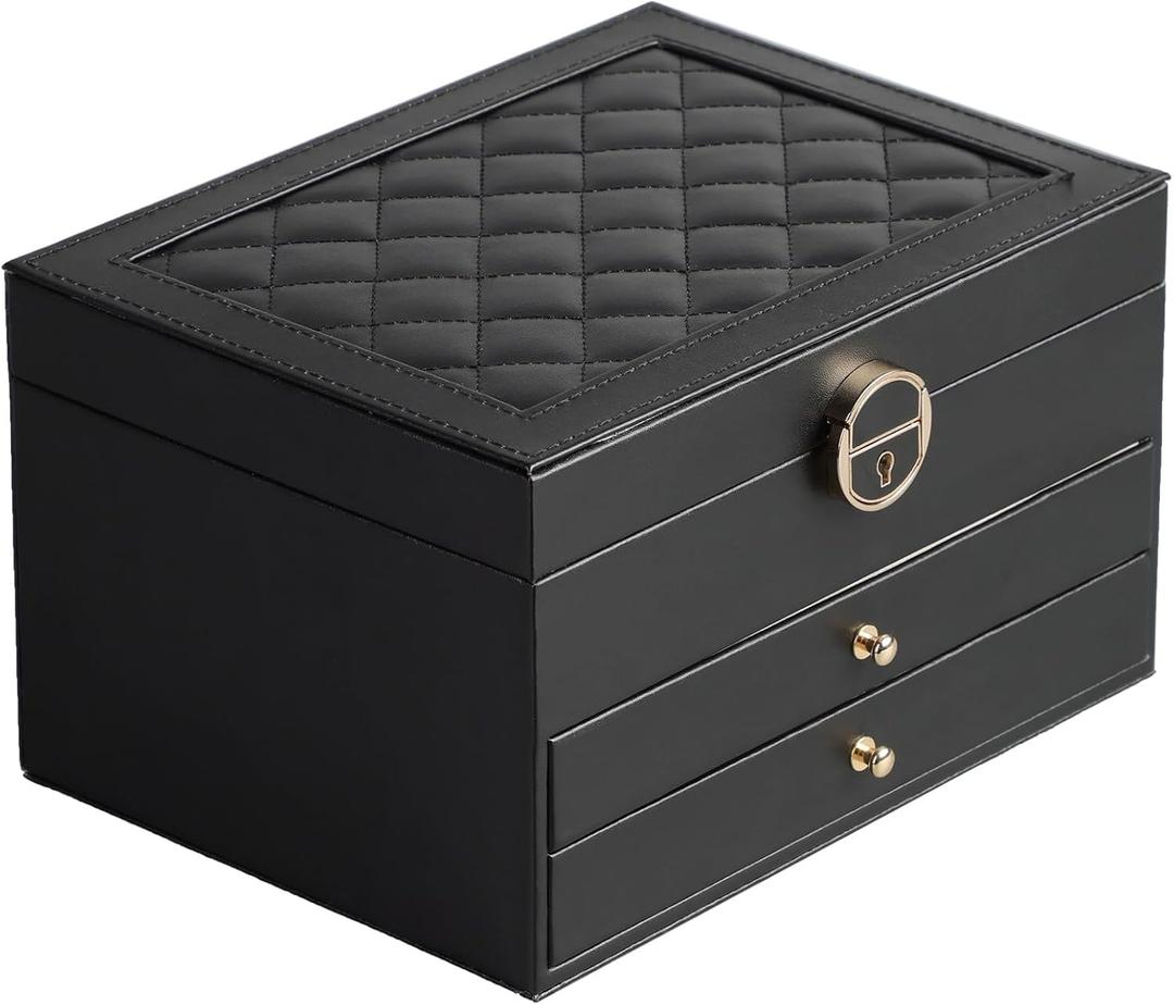 GUOER Jewelry Box for Women Girl Wife 3 Layers Large PU Leather Jewelry Organizer Storage Case with Two drawers Display for Earrings Bracelets Rings Watches (Black)