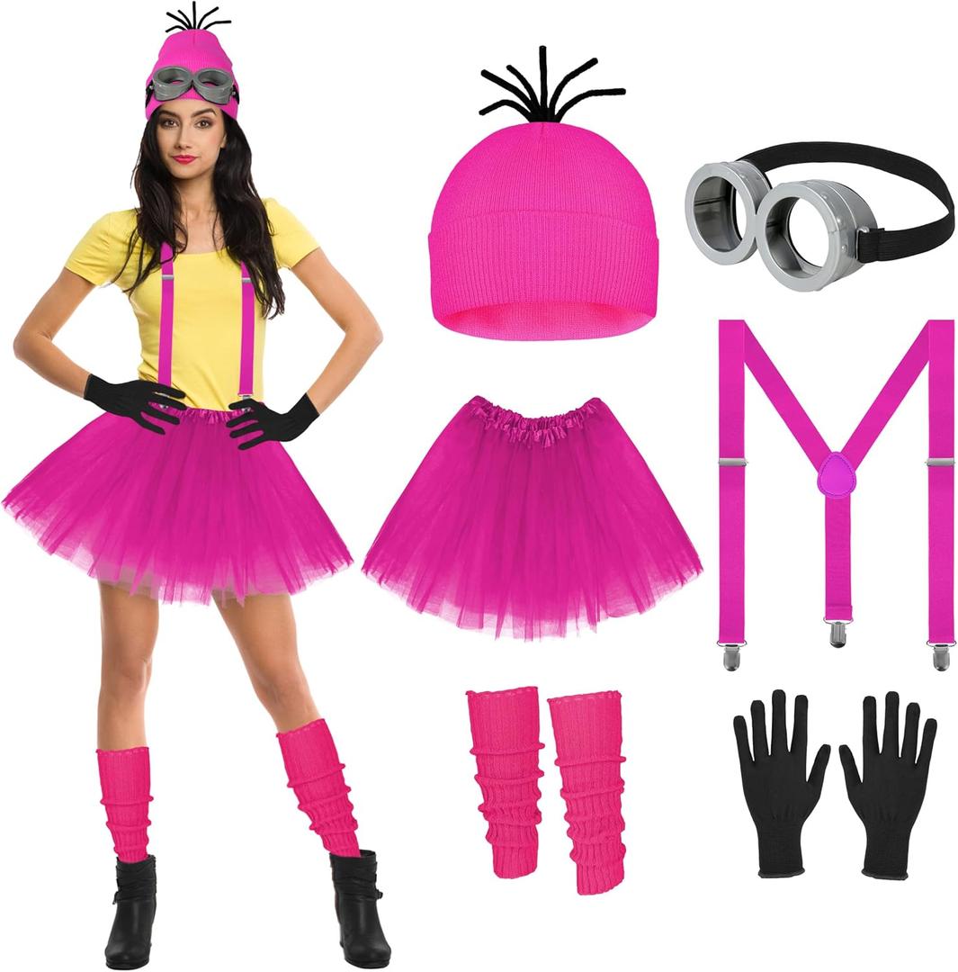 6Pcs women's Halloween costume accessory set, goggles/Rose Red hat/skirt/suspender/gloves/stockings