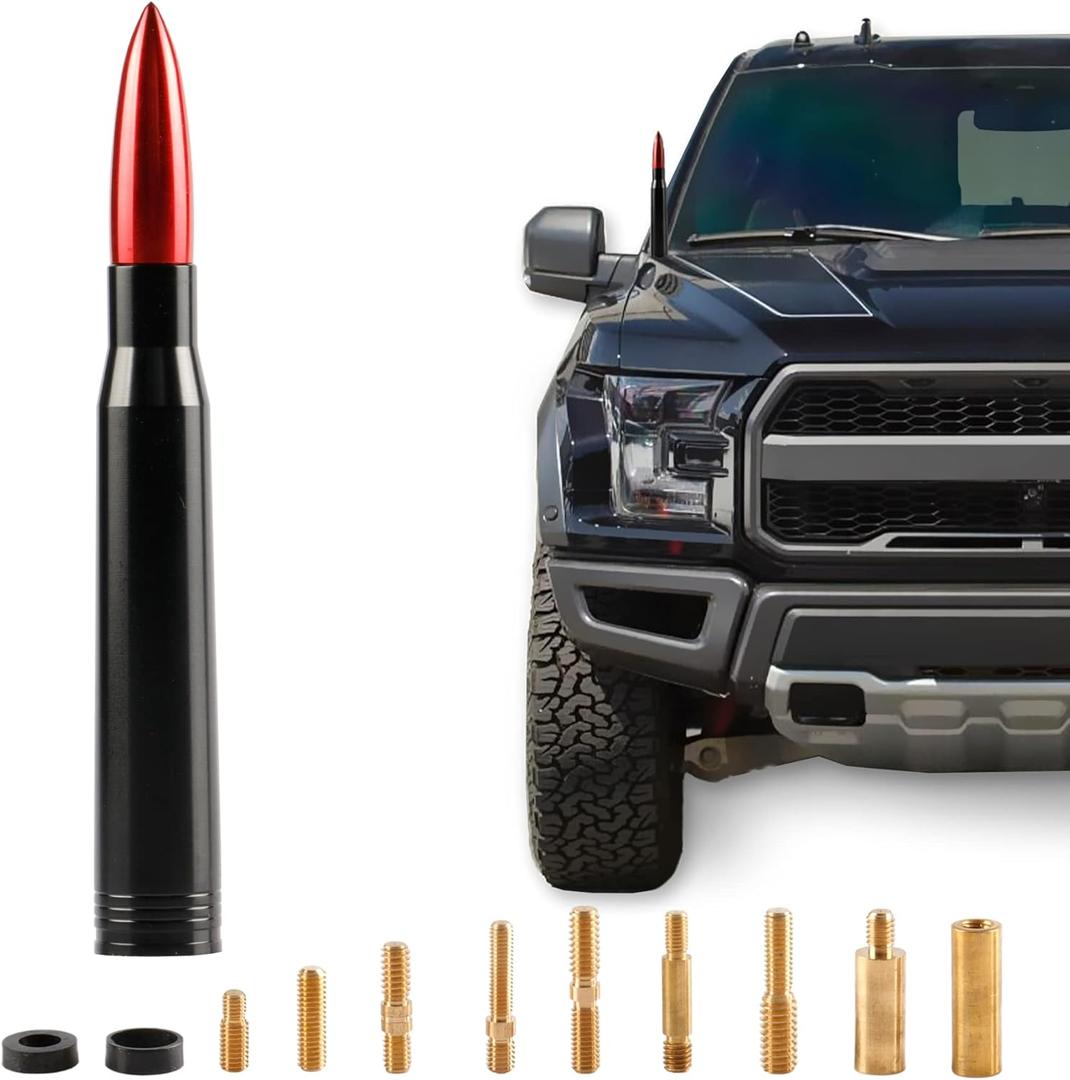 BJSIA Universal Bullet Antenna, Truck Antenna Replacement, Compatible with Ford, Dodge, Chevrolet, GMC, Jeep, Toyota, Red, Car Accessories