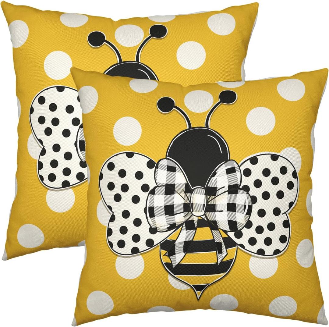 Summer Bee Pillow Covers 18x18 Set of 2 Bumblebee Polka Dots Spring Outdoor Throw Pillows Yellow Honey Bee Farmhouse Decorative Cushion Cover for Sofa Chair Patio Bed Couch