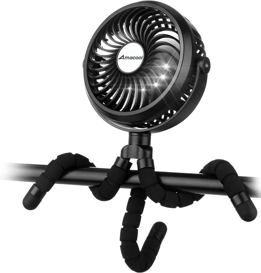 AMACOOL Battery Operated Stroller Fan Flexible Tripod Clip On Fan with 3 Speeds and Rotatable Handheld Personal Fans for Car Seat Crib Bike Treadmill (Black)