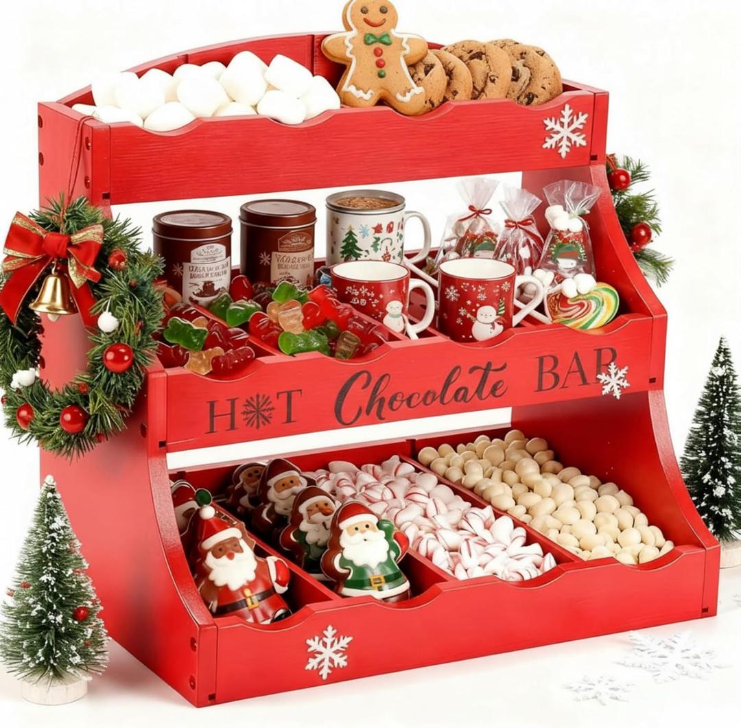 LemonRoad Christmas Hot Chocolate Bar Organizer for Countertop Hot Cocoa Bar Supplies Station 3 Tier Red Wood Storage Box Decorative Chocolate & Cocoa Bars Organizer Gifts for Xmas Holiday Party Decor