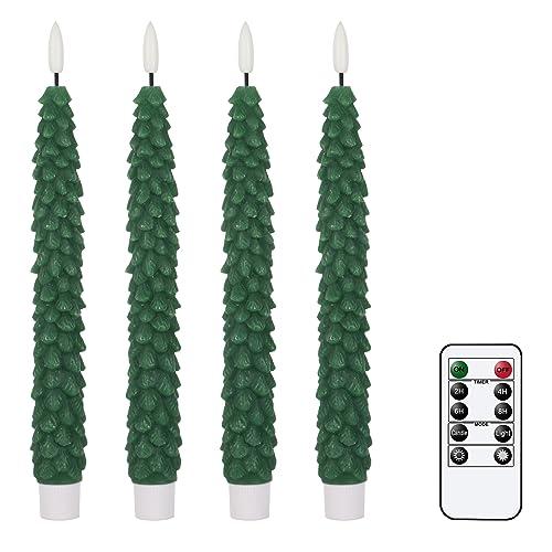 GenSwin Christmas Tree Flameless Taper Candles Flickering with Remote Timer, Real Wax LED Battery Operated Candles Warm 3D Wick Christmas Home Wedding Decor (Green, 0.78 X 9.64 Inch)
