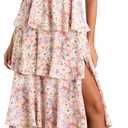 Wenrine Womens Summer Floral Maxi Dress Tie Strap Sleeveless V Neck High Slit Boho Ruffle Tiered Beach Dresses Violet, XL