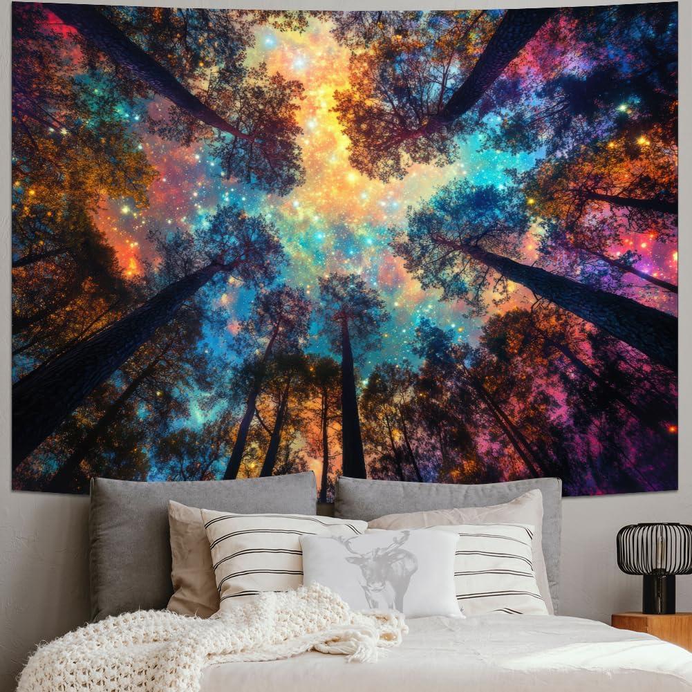 Amhokhui Colorful Forest Tapestry Nature Landscape Tapestry Mysterious Sky Tapestries Psychedelic Aesthetic Starry Night Tapestries Trippy Galaxy Space Wall Hanging Decor for Home 59.1"L x 51.2"W, Colorful Forest
