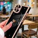for iPhone 16 Plus Case Cute Love Heart Plating for Women, with Screen Protector, Glitter Sparkle Rhinestone Diamond Border Design Slim Rectangle Wireless Protection Case Cover, Black
