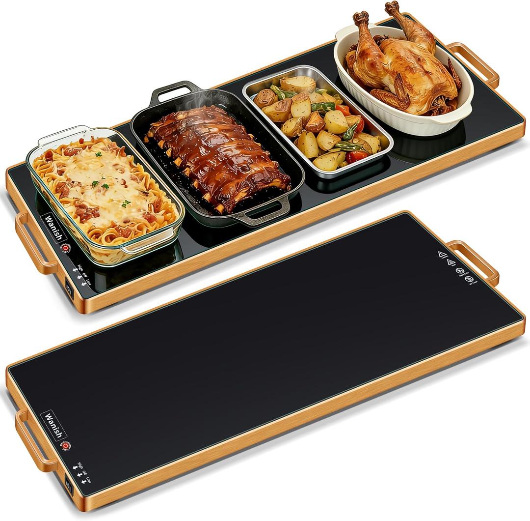 Electric Warming Tray (L 32"x12")Food Warmers for Parties Buffet with Thermostat & Full Surface Heating, Tempered Glass Warming Mat for Food, Temperature Adjustable Gold Handles Food Warming Mat