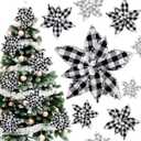 Syhood 12 Pieces Buffalo Plaid Poinsettias Christmas Tree Ornaments Artificial Christmas Flowers with Glitter Powder for Christmas Tree Wreaths Garland Holiday Decorations 6.7 Inch (Black and White)