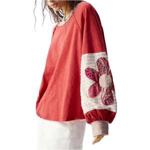 Women's Oversized Sweatshirt Boho Tops Patchwork Crewneck Sweatshirt Floral Long Sleeve Pullover Tops (X-Large, Pink and White)