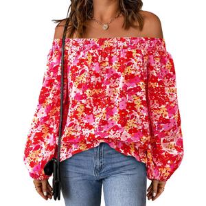 KIRUNDO Off The Shoulder Tops for Women 2026 Spring Summer Tops Boho Floral Blouse Long Sleeve Shirts Fashion Clothing (S)