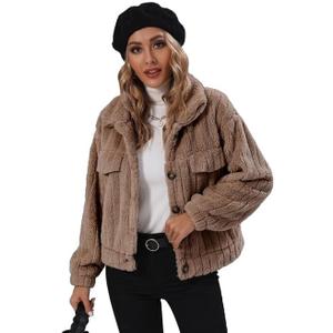 Womens Crop Fleece Jacket Button Down Lapel Bomber Sherpa Coat (Khaki), XL