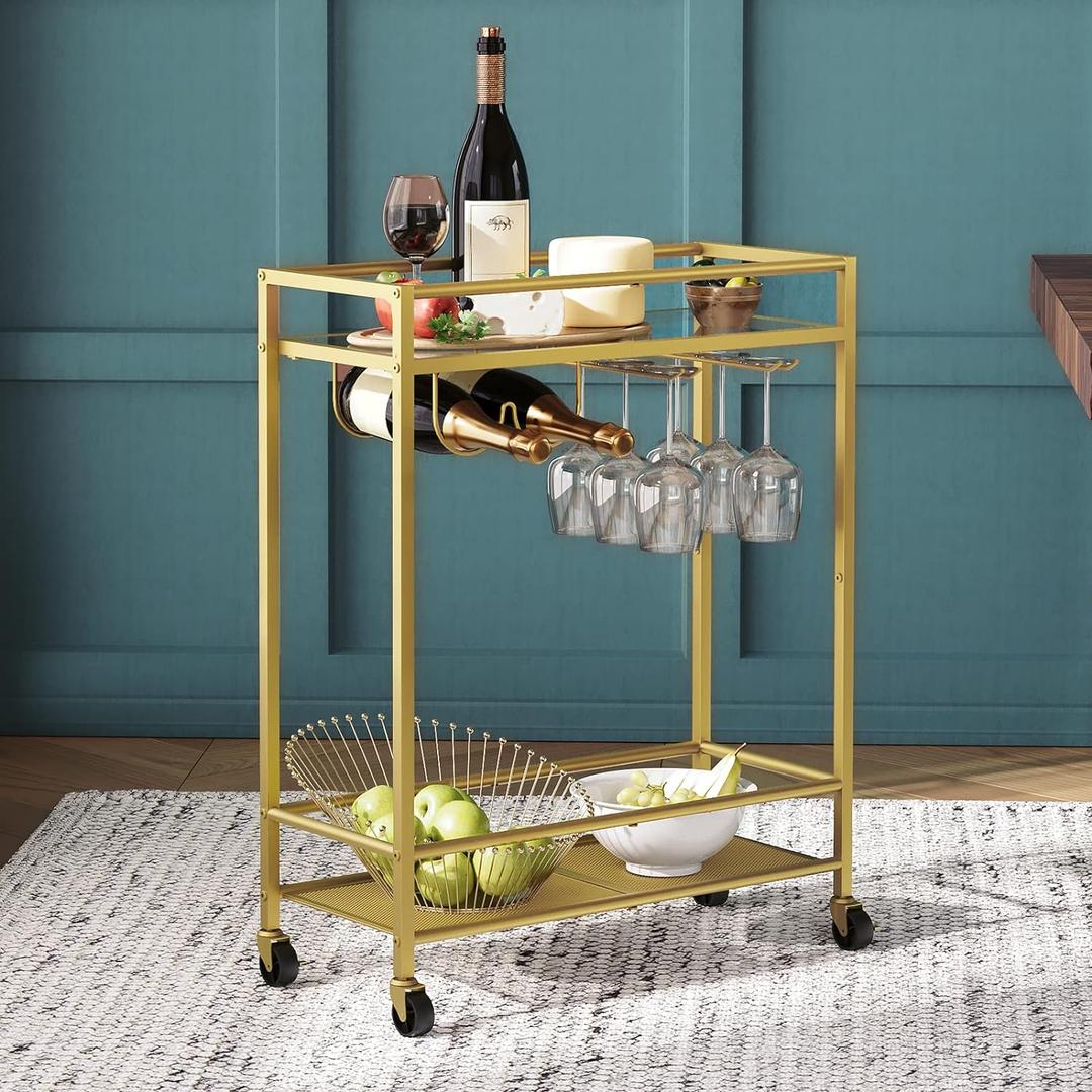 Gold Bar Cart, Beverage Cart with Wheels, Bar Cart for The Home, 2-Tier Drink Cart with Wine Rack and Glass Holder, Kitchen, Dining Room, Gold RCJ63B01Z