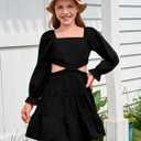 Haloumoning Girls Dresses Long Sleeve Square Neck Crossover Waist Casual A-Line Spring Fall Dress 5-14Y (S)