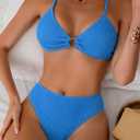 Fanuerg Women's Ribbed Triangle Bikini Sets O Ring Linked Two Piece Swimsuit Textured Cheeky Swim Bathing Suit (Blue, XL)