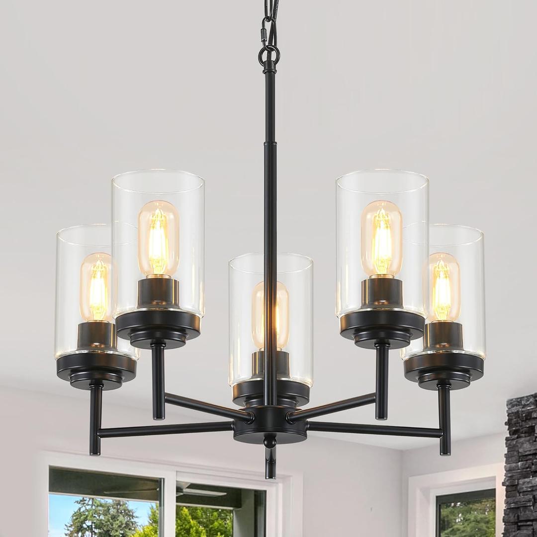 5-Light Farmhouse Glass Chandelier, Modern Black Chandelier for Dining Room Island Lights Industrial Hanging Foyer Lighting Fixtures Chandeliers for Entryway Kitchen Living Room Adjustable Height