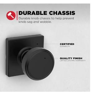 Kwikset Maven Interior Passage Door Knob, Square Handle for Closet and Hallway Doors, Non-Locking Doorknob in Matte Black, with Microban Protection