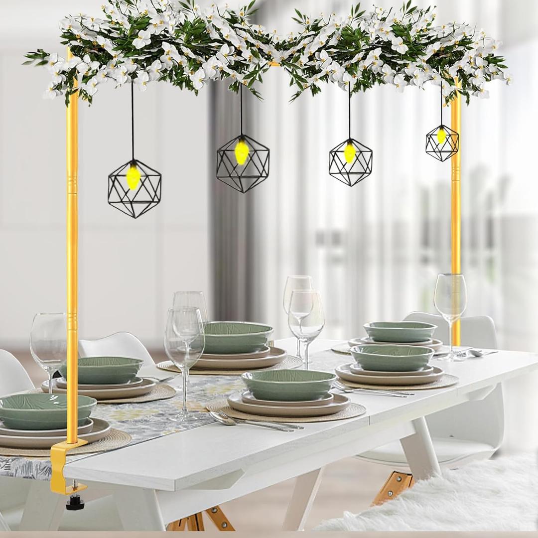 Over The Table Rod Stand with Clamps Adjustable 31"-110'' Length 31"-64" Height Gold Table Balloon Arch Stand with Storage Bag, For Halloween Christmas Party Wedding Anniversary Decoration