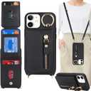 for iPhone 12 Mini Case with Card Holder for Women, for iPhone 12 Mini Phone Case Wallet with Strap Credit Card Slots Crossbody with Kickstand Zipper Case - Black