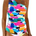 Daci One Shoulder One Piece Swimsuits for Women Tummy Control Bathing Suits Modest Full Coverage Slimming Swimwear (Medium, Color Block)