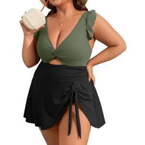 Charmo Ruffle Ribbed Plus Size Swimdress for Women One Piece Swimsuit High Waisted Tummy Control Bathing Suit 2026, Size: 2X