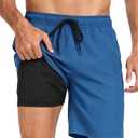 Fasker Mens Swim Trunks with Compression Liner 7" Inseam Quick Dry Bathing Suit Beach Shorts Swimming Trunks with Pockets, Lake Blue, Large