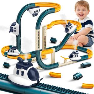 Infowush Electric Race Track Car Toy, Steam Aircraft Track for Kids, Large | Train Set with Smokes & Lights, Toys for 3 4 5 6 7 8 Year Old Boys Girls, Christmas Birthday Party Gift