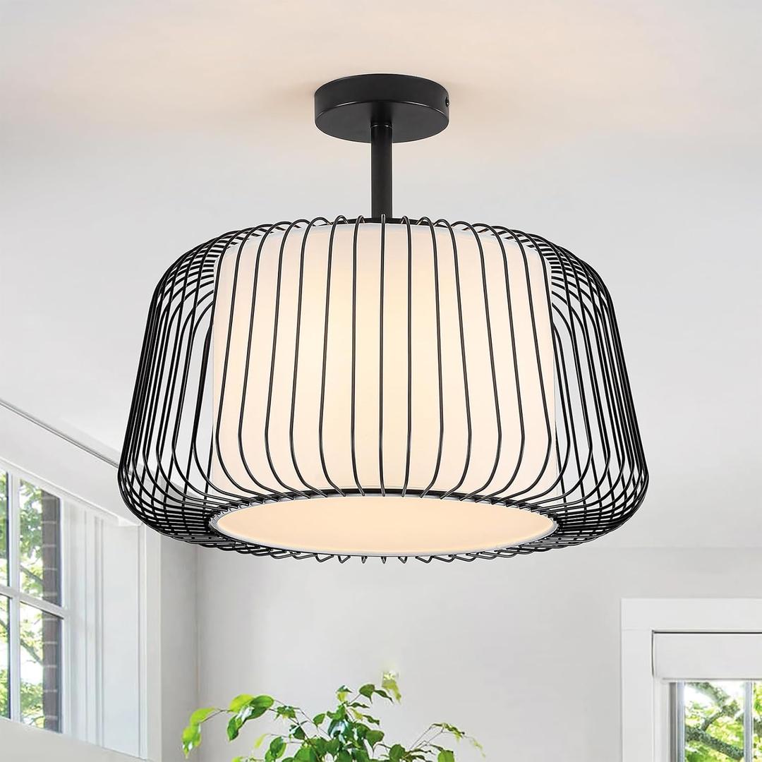 OFLNLL Semi Flush Mount Ceiling Light, 12.2" Drum Ceiling Light with White Fabric Shade and Black Metal Frame, Modern Entryway Flush Light Fixtures for Bedroom, Kitchen, Hallway (Black)