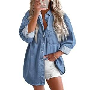 BTFBM Womens Button Down Denim Shirts Fall Lapel V Neck Lightweight Oversized Long Sleeve Thin Casual Blouse Tops Pocket(Solid Light Blue, Small)