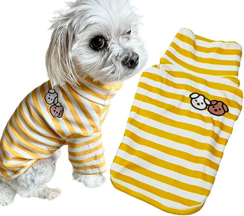 Turtleneck Dog Shirt Cute Doggie Embroidery Super Soft Dog Sweatshirt Stretchy Striped Puppy Pullover for Cats Small Medium Large Dogs(X-Large, Yellow Striped)