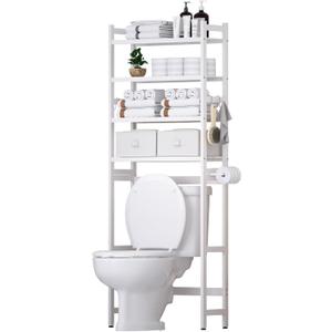Over The Toilet Storage with 2 Baskets, 4-Tier Bamboo Organizer Rack with Paper Holder & 4 Hooks & Waterproof Feet Pad,Freestanding Shelf for Bathroom(White)
