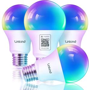 Linkind Matter Smart Light Bulb, Smart Bulbs Work with Apple Home, Siri, Alexa, Google, SmartThings, LED RGBTW Color Changing Bulbs Music Sync,A19 E26 60W 800LM, 2.4GHz WiFi Only, 4 Pack