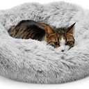 Whiskers & Friends Cat Bed, Cat Beds for Indoor Cats Washable, Orthopedic Soft Fluffy Round Calming Pet Bed for Small to Large Kitty Kittens & Dogs, Small Dog Beds & Furniture (23.00" x 23.00" x 7.00", Light-Grey)