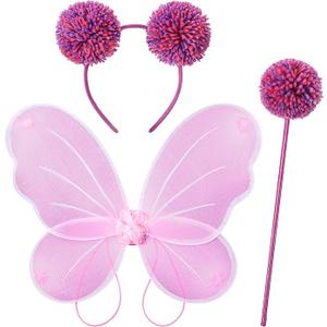 Haysandy 3 Pcs Halloween Pink and Purple Costume, Dress up Party Supplies for Kids, Fairy Butterfly Wings with Pom Headband Bopper Pom Wand, Cosplay Accessories Set Girls, Anime Party Costume Accessories
