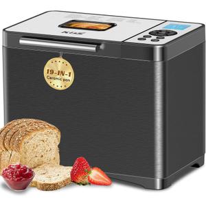 KBS 2LB Bread Maker, 19-in-1 Automatic Bread Machine Stainless Steel with Ceramic Pan,15H Timer&1H Keep Warm, Sourdough, Gluten-Free, 650W Bread Maker Machine with 3 Loaf Sizes 3 Crust Colors, Recipes