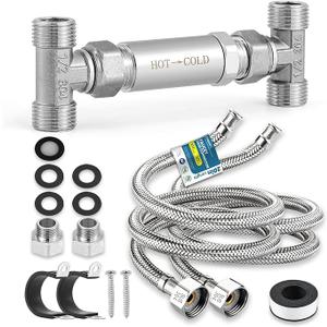 Replacement 304 Stainless Steel Sensor Valve Kit for Instant Hot Water Recirculating Pump System, Includes Valve & 2 x 20-in PEX Supply Lines for Potable Water & Adaptors & Teflon Tape