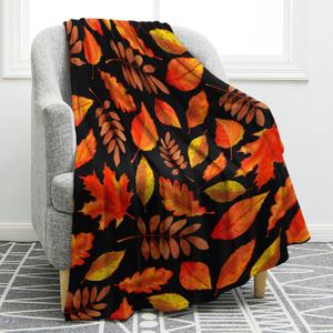 Jekeno Autumn Fall Maple Leaves Blanket Gifts for Women Kids Girls Thanksgiving Day Halloween Home Bedroom Living Room Decor Soft Cozy Lightweight Plush Throw Blankets Black 60"x80" (Leaf-543)