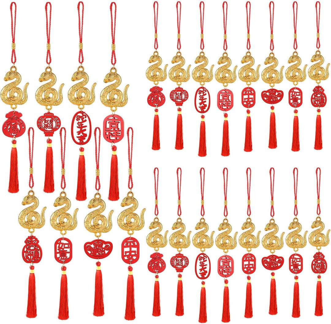 24 Pcs Chinese New Year Decor Decorations Bulk Lunar New Year 2025 Red Tassel Ornaments with Wealth Success Good Luck Hanging Decorations for Gifts Home Car Decor