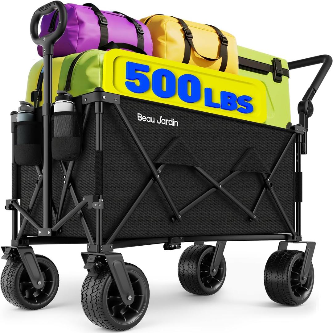 BEAU JARDIN Folding Push & Pull Beach Wagon 500 lbs Collapsible Foldable Wagons with Push Handle All Terrain Wheels Grocery Utility Camping Skiing Ice Fishing Sports Garden Wagon Cart Black