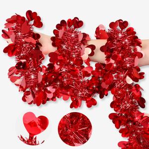 Valentines Day Garland Decor 50FT Red Heart Tinsel Garland Metallic Hanging Garlands Glitter Streamers Valentines Day Decorations for Home Mantel Table Indoor Outdoor Galentines Party Romantic Decor