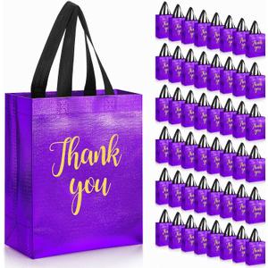 Fumete 50 Pcs Glossy Thank You Gift Bag with Handles 8 x 4 x 10 Inch Non Woven Reusable Gift Bags with Glossy Finish for Wedding Graduation Birthday Party Engagement Anniversary Holidays(Purple)
