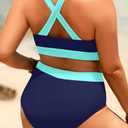 Plus Size Colorblock Two Piece High Waisted Bikini Set Scoop Neck Swimsuit, 16W