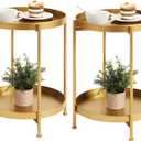 Tiita 2 Pack Round End Table Mental Side Table Nightstand/Small Wood Tables Accent Coffee Table with Wooden Tray for Living Room Bedroom Office Small Space (Gold)