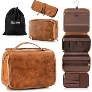 Elviros Hanging Toiletry Bag for Men Travel Essentials 3-in-1 Large Waterproof Dopp Kit PU Leather Shaving Bag with Separate Compartments for Grooming and Toiletries (Brown)