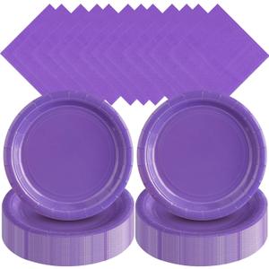 Zhehao 120 Pcs Disposable Paper Plates and Napkins Bulk Birthday Party Decorations 7 inch Dessert Plates for Valentines Spring Baby Shower Party Supplies (Purple)