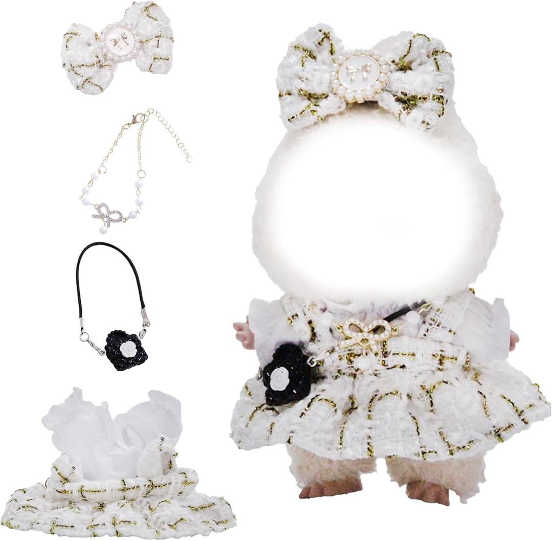 Clothes for labubu Doll(NO Doll),5-Piece Set, Outfits for labubu,17 cm Dolls Clothes and Accessories, Includes Dress, Clothes, Hair Bow, Necklace, Bag(Golden)