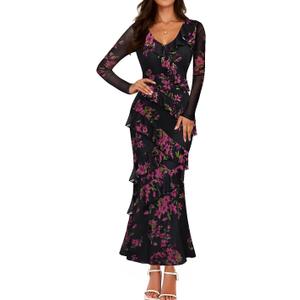 ZESICA Women's Fall Floral Long Sleeve Maxi Dress 2025 Boho Bodycon V Neck Ruffle Wedding Party Long Dresses (Medium, Black)