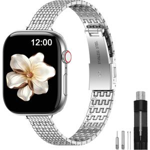 MioHHR Slim Metal Bands Compatible with Apple Watch Band Ultra Series 11 10, Thin Stainless Steel Strap for Women iWatch Band 42mm 41mm 40mm 38mm (Silver)