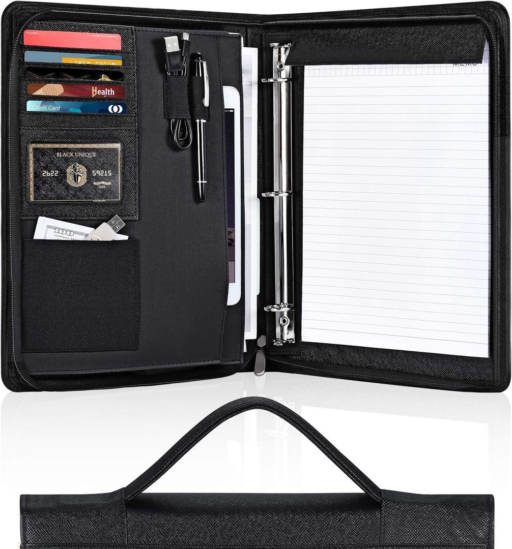 Portfolio Binder, Pacific Mailer 3 Ring Binder Portfolio Organizer with Leather Folder Writing Pad Zipper Business Notebook Binders Tablets Notepads Resumes Documents Holder for Men Women