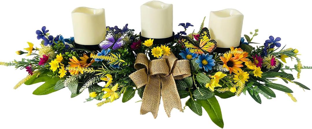 Svndlyn Candle Holders Spring Summer Centerpiece,3 Wick Candle Holder with Daisy and Sunflowers, Perfect for Spring Decor,Easter Centerpiece Table Decor,Indoor Home Decor,Desktop Decor